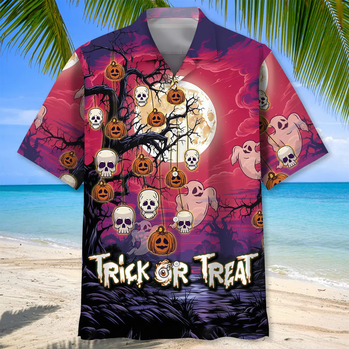 Halloween Trick Treat Hawaiian Shirt For Spooky Events, Resort Travel, And Creative Warm Weather Wear