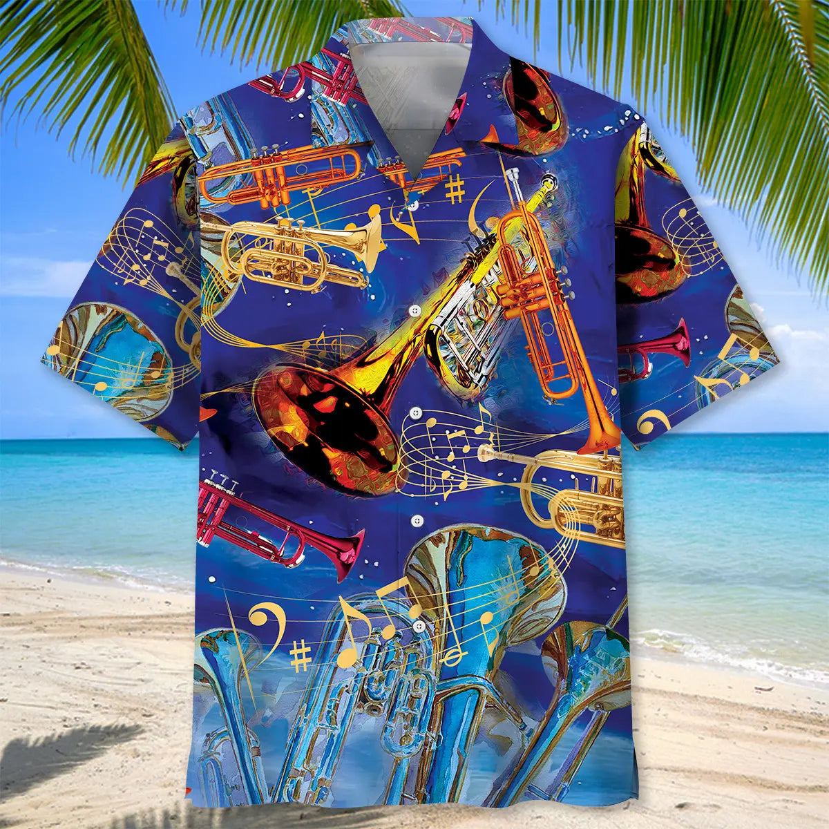 Tropical Blue Trumpet Hawaiian Shirt For Summer Vacation, Beach Travel, And Casual Wear
