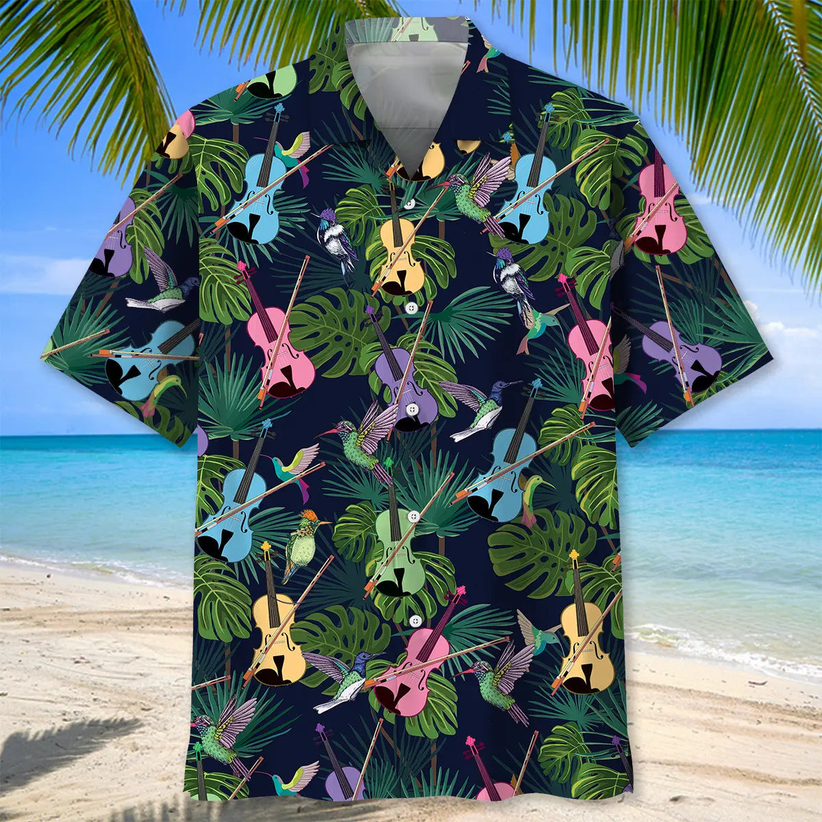 Colorful Tropical Violin Hawaiian Shirt For Resort Trips, Coastal Parties, And Warm Weather Style