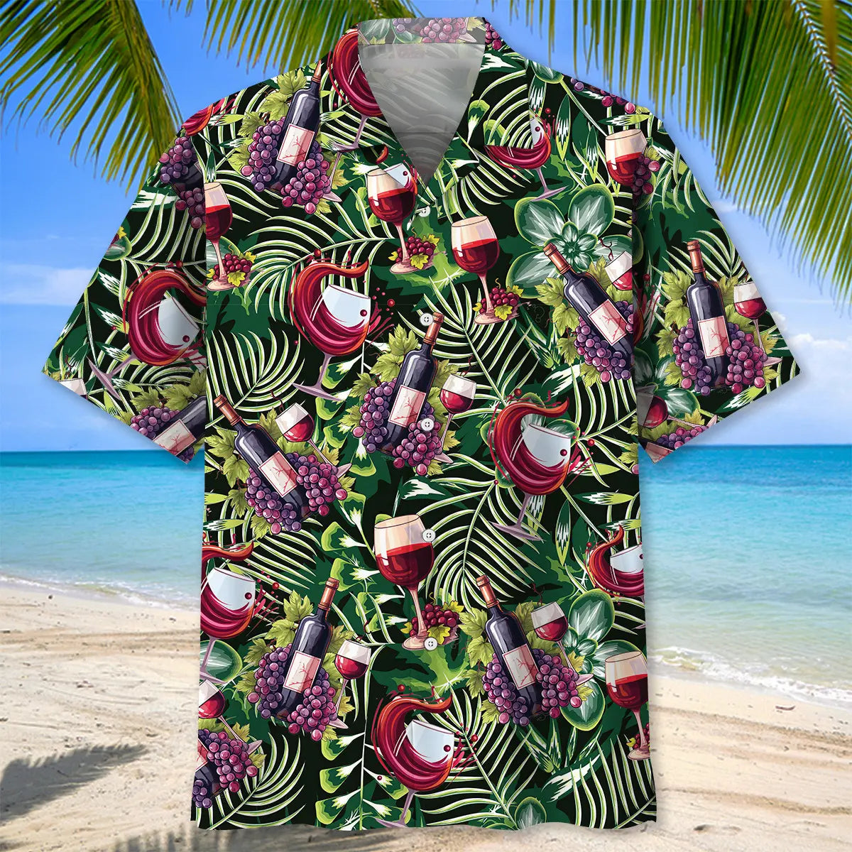 Tropical Red Wine Hawaiian Shirt For Summer Vacation, Beach Travel, And Casual Wear