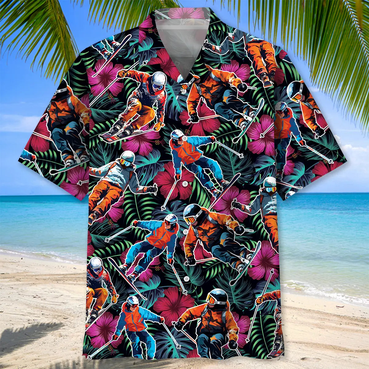 Tropical Skiing Hawaiian Shirt For Summer Vacation, Beach Travel, And Casual Wear