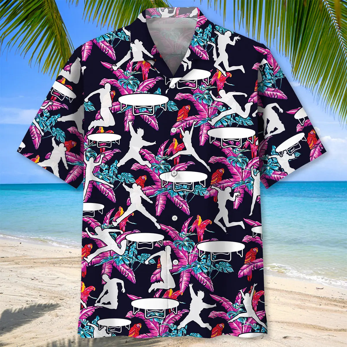 Tropical Trampoline Hawaiian Shirt For Summer Vacation, Beach Travel, And Casual Wear