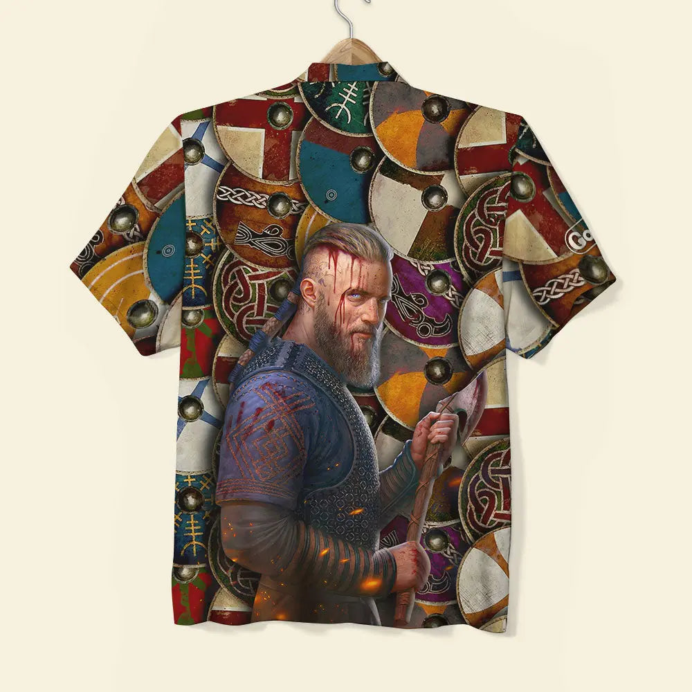 Island Summer Viking Shield Pattern Aloha Hawaiian Shirt For Summer Vacation, Beach Travel, And Casual Wear