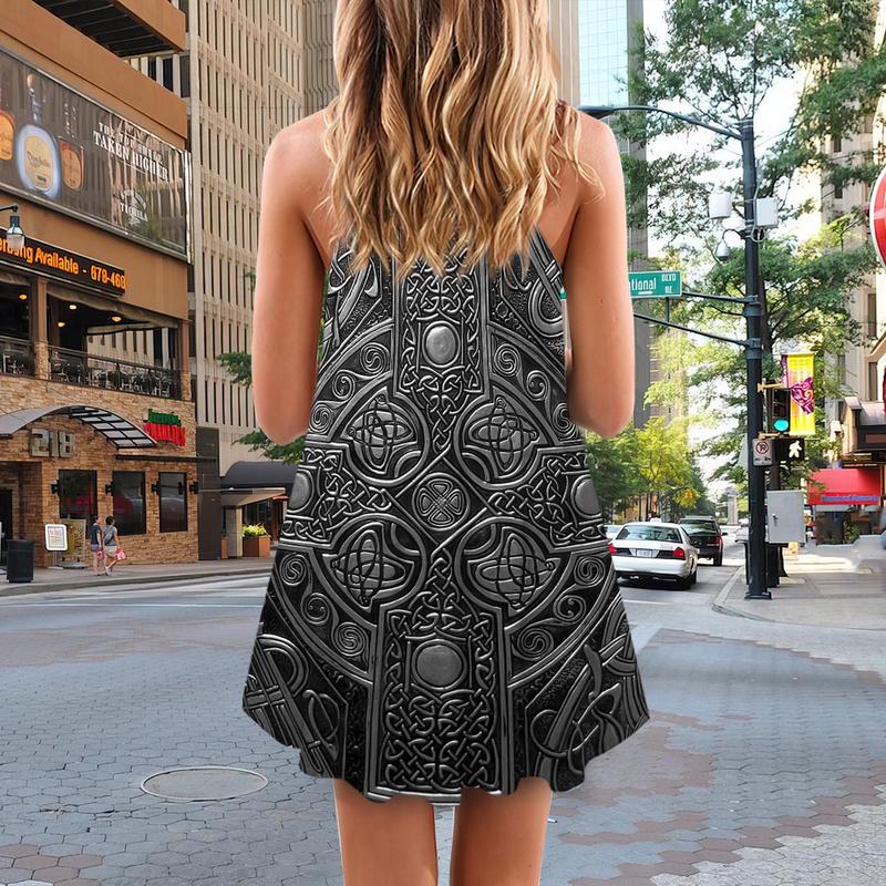 Viking Sign V-Neck Sleeveless Cami Dress For Summer Vacations And Casual Everyday Wear