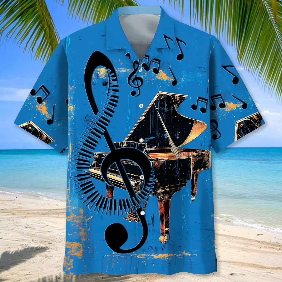 Vintage Black Grand Piano Hawaiian Shirt For Cruise Journey, Resort Escape, And Relaxed Summer Style