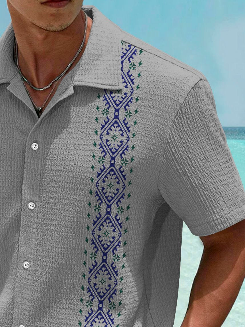 Vintage Bowling Ethnic Pattern Seersucker Hawaiian Shirt For Coastal Travel, Casual Events, And Comfortable Summer Wear
