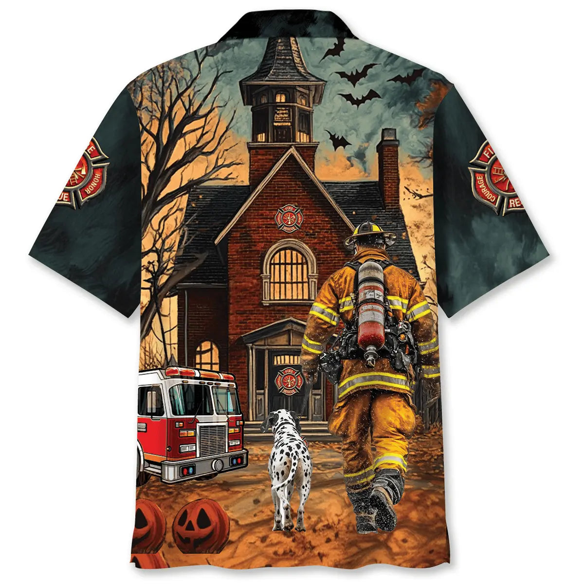 Halloween Vintage Creative Firefighter Hawaiian Shirt For Coastal Travel, Casual Events, And Comfortable Summer Wear