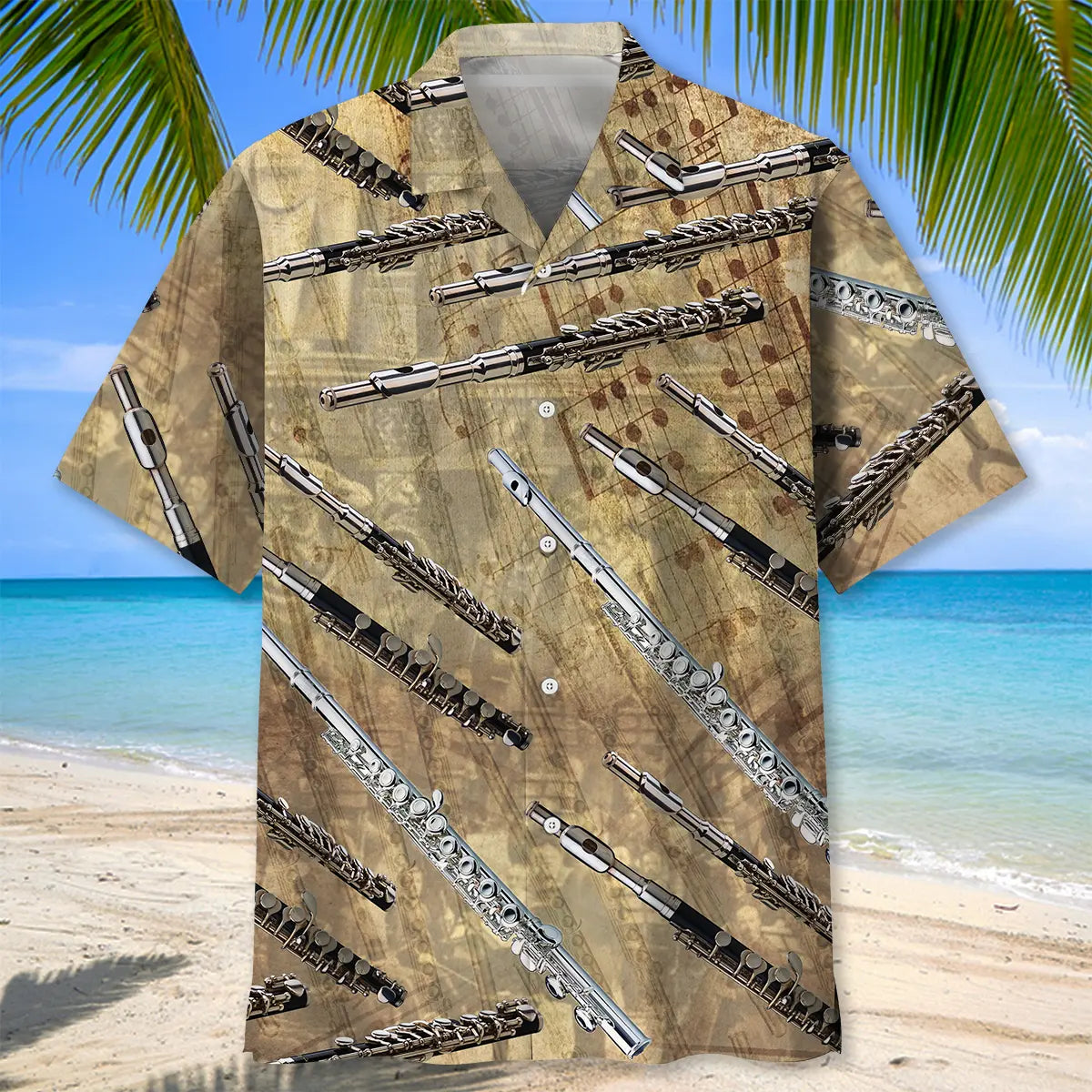 Vintage Flute Hawaiian Shirt For Resort Trips, Coastal Parties, And Warm Weather Style
