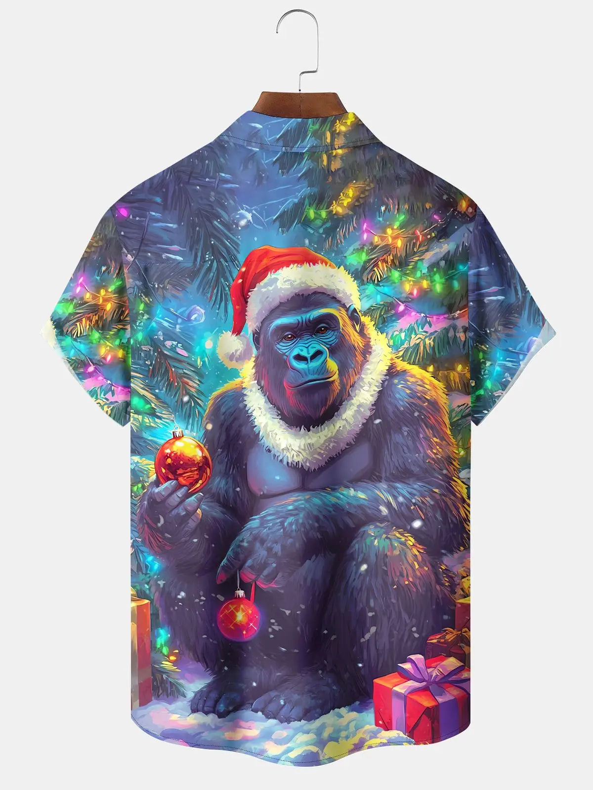 Vintage Funny Gorilla Christmas Lights Holiday Hawaiian Shirt For Summer Vacation, Beach Travel, And Casual Wear