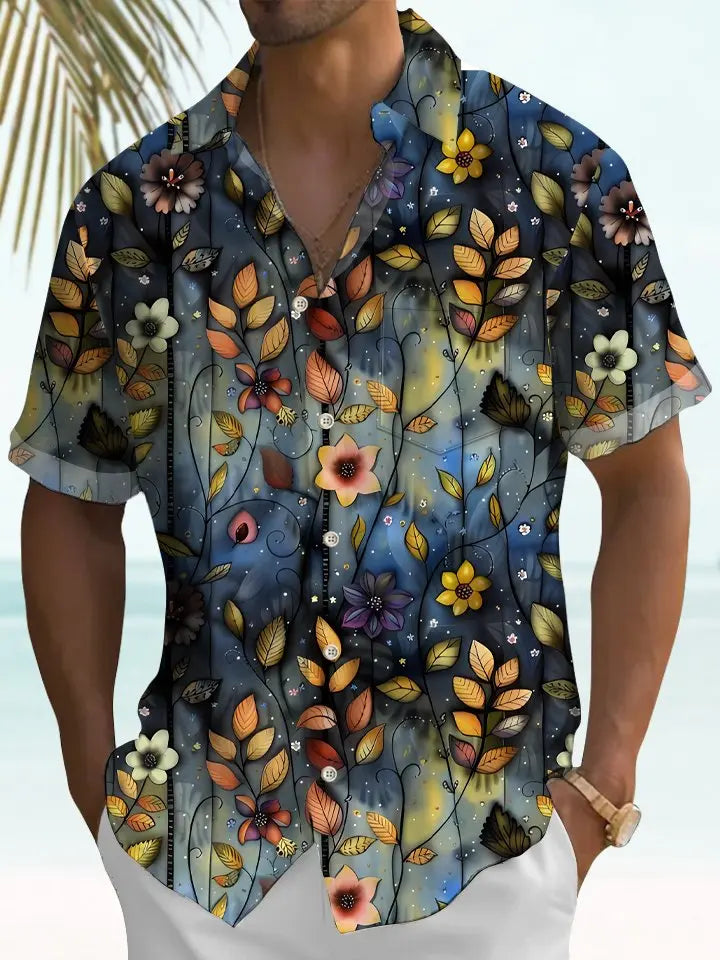 Vintage Watercolor Floral Gradient Oil Vine Vacation Hawaiian Shirt For Summer Vacation, Beach Travel, And Casual Wear