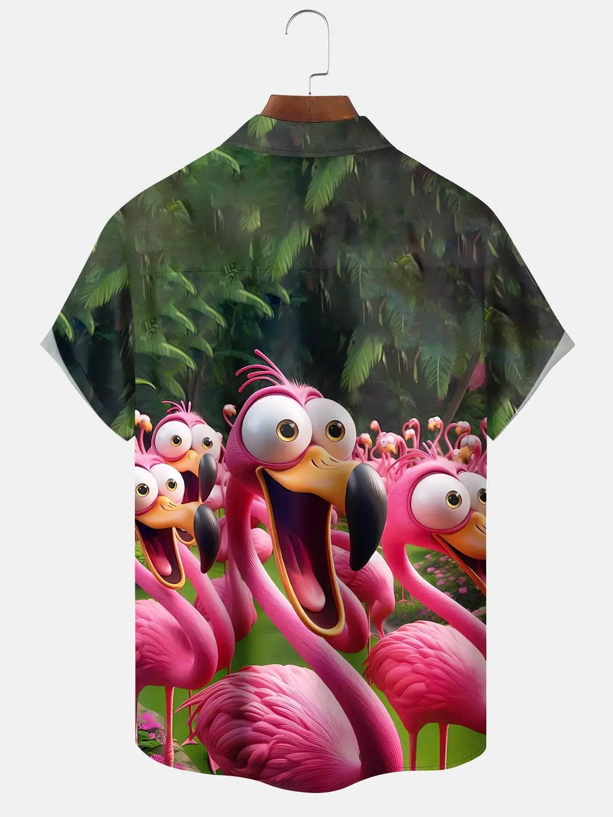 Vintage Tropical Beach Leaves Flamingo Cartoon Hawaiian Shirt For Resort Trips, Coastal Parties, And Warm Weather Style
