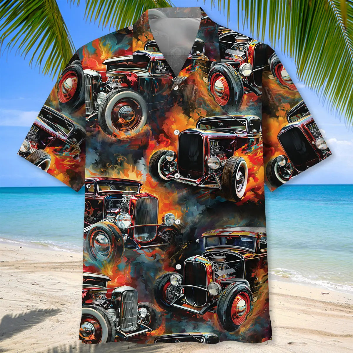 Vintage Creative Hot Rod Hawaiian Shirt For Road Trip Adventures, Resort Days, And Comfortable Everyday Wear