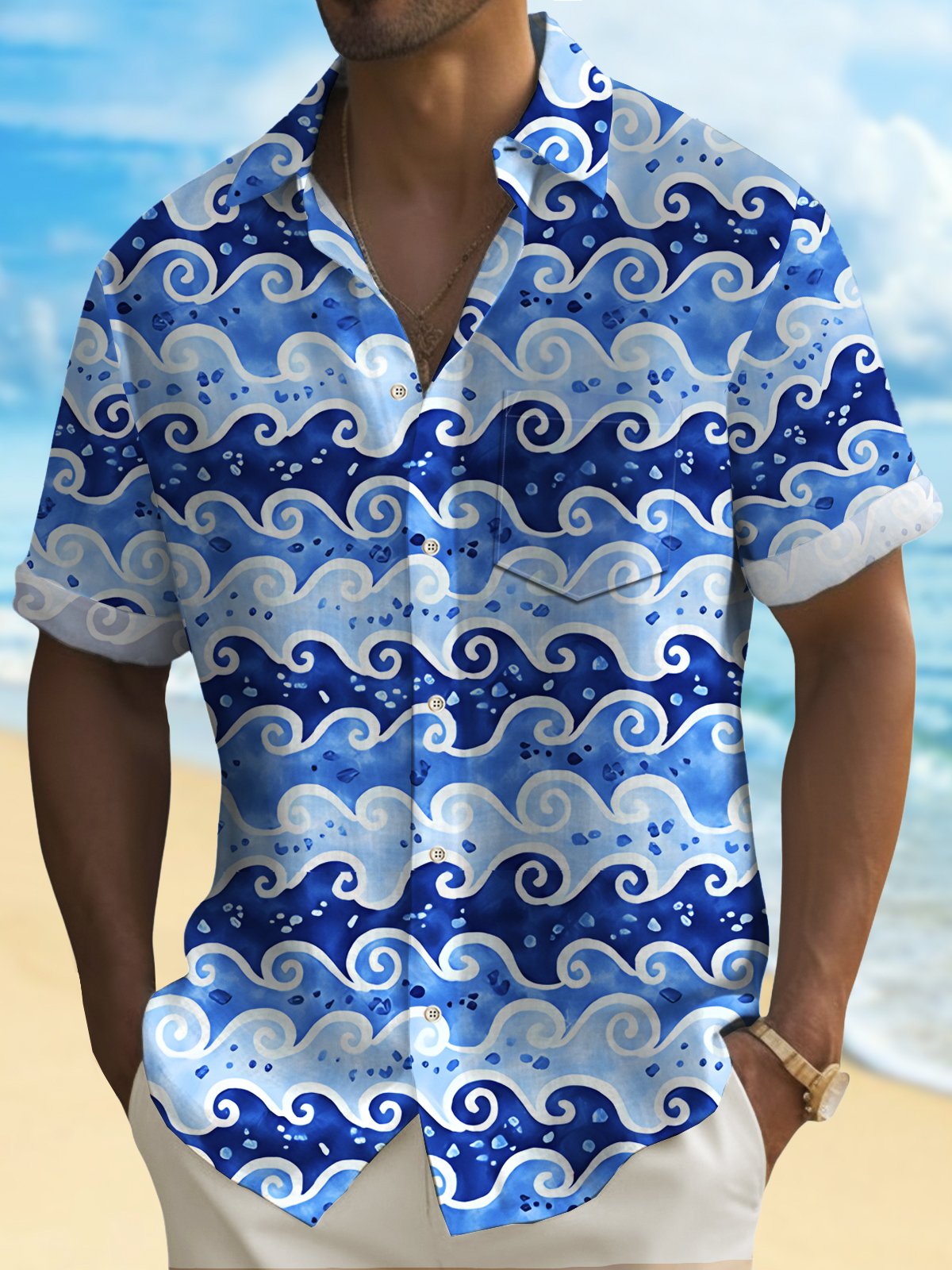 Vintage Creative Japanese Wave Blue Ukiyoe Quick Hawaiian Shirt For Summer Vacation, Beach Travel, And Casual Wear