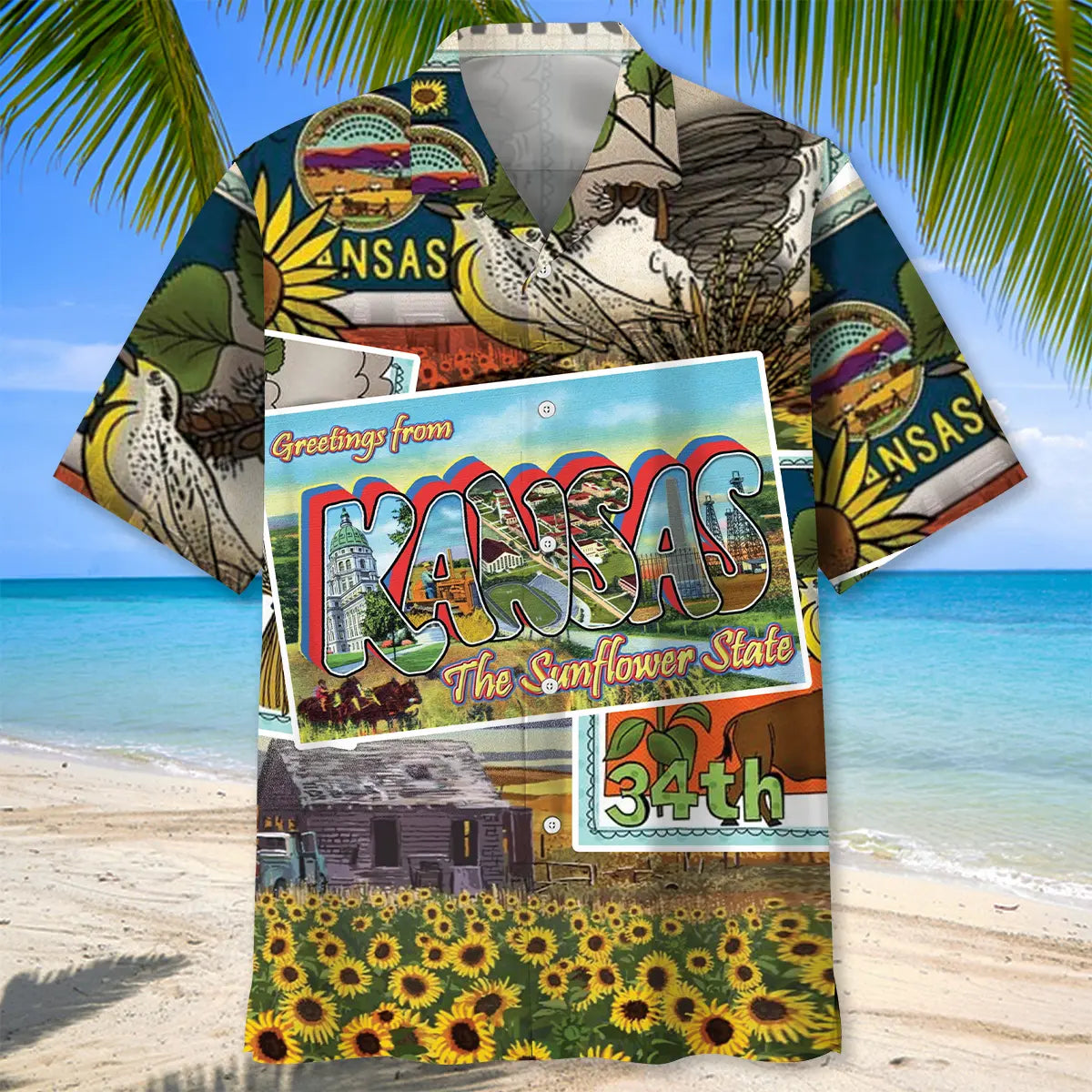 Vintage Postcard Kansas Hawaiian Shirt For Tropical Retreat And Summer Party Style