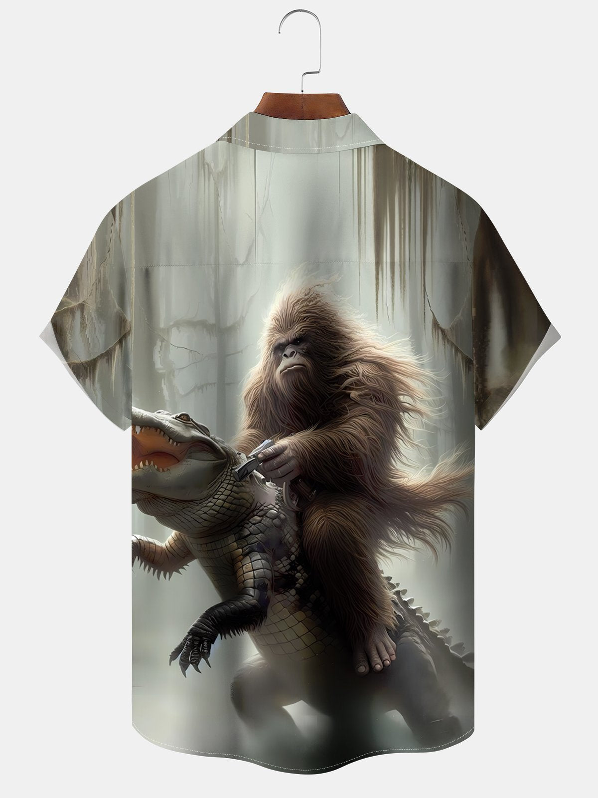 Vintage Vacation Dinosaur Bigfoot Forest Hawaiian Shirt For Coastal Travel, Casual Events, And Comfortable Summer Wear
