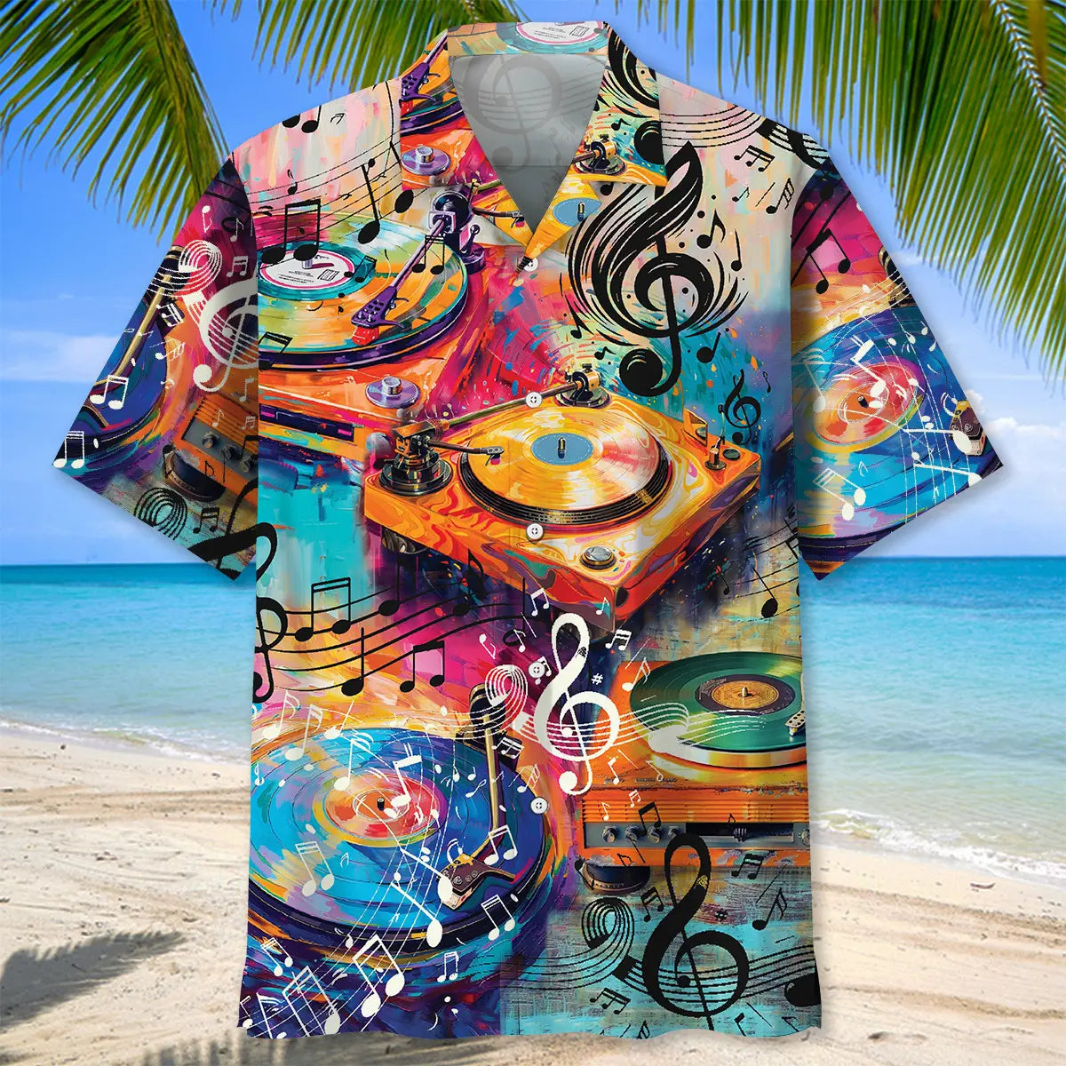 Creative Vinyl Record Player Hawaiian Shirt For Coastal Travel, Casual Events, And Comfortable Summer Wear