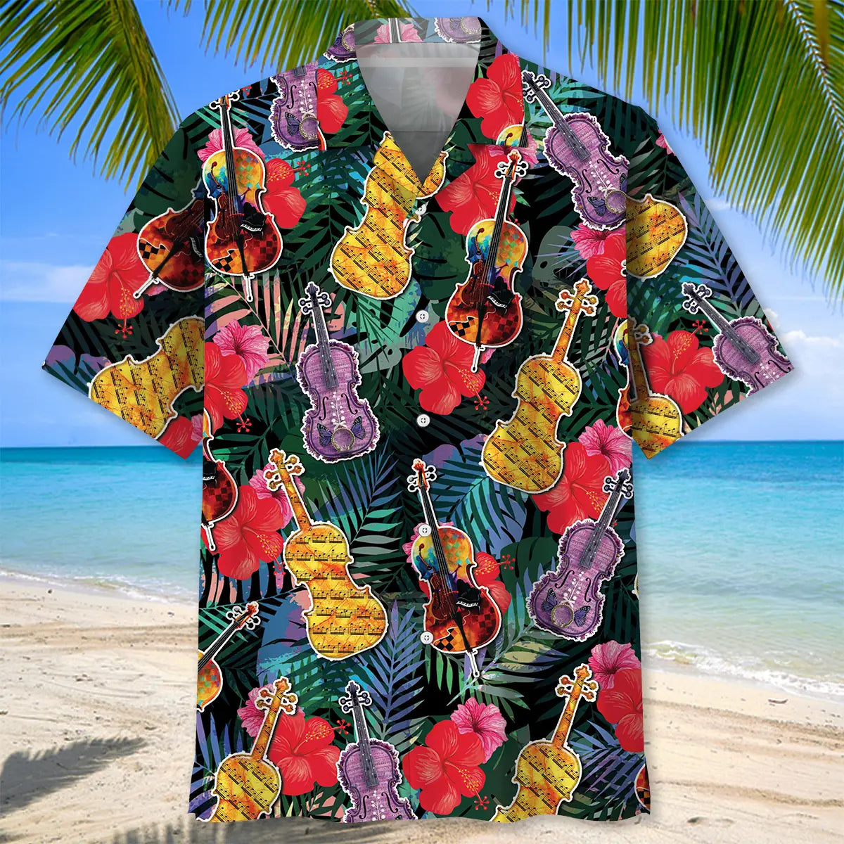 Tropical Violin Hawaiian Shirt For Resort Trips, Coastal Parties, And Warm Weather Style
