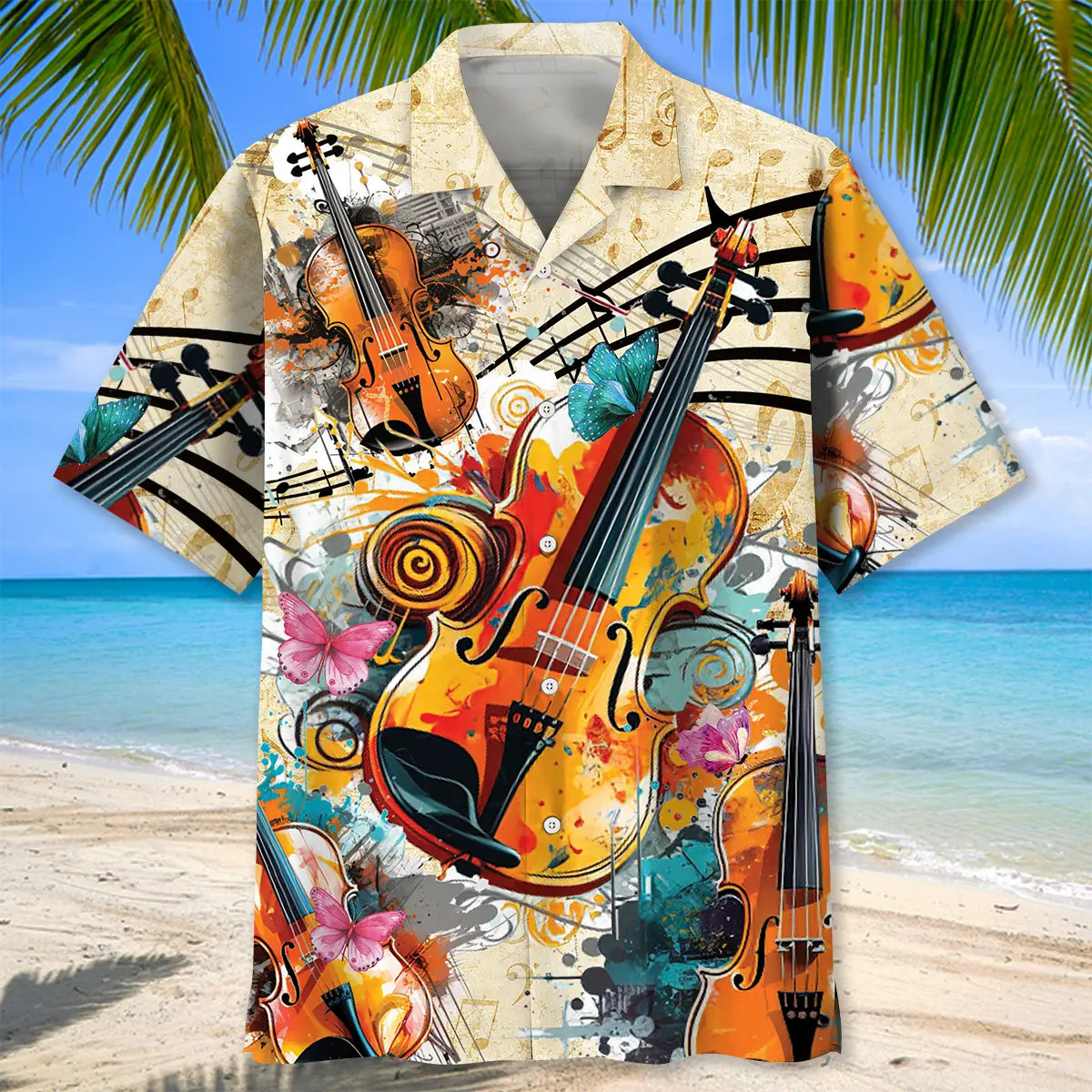 Vintage Violin Hawaiian Shirt For Resort Trips, Coastal Parties, And Warm Weather Style