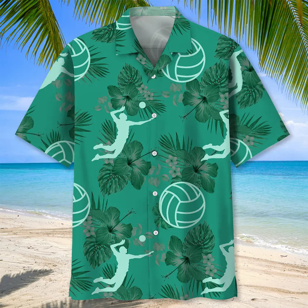 Volleyball Kelly Green Hawaiian Shirt For Island Vacations, Resort Wear, And Relaxed Seasonal Style