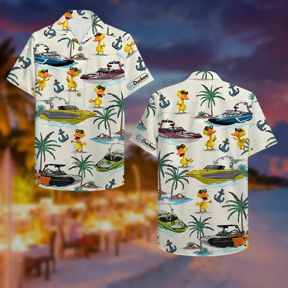 Island Summer Wakeboarding Duck Aloha Wakeboard Boat Hawaiian Shirt For Summer Vacation, Beach Travel, And Casual Wear