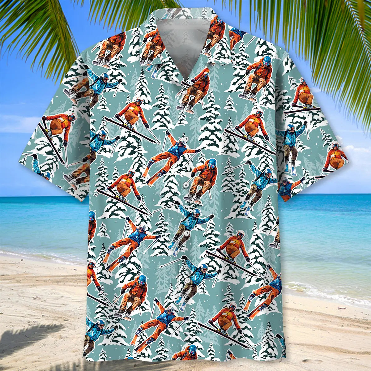 Winter Skiing Hawaiian Shirt For Island Vacations, Resort Wear, And Relaxed Seasonal Style