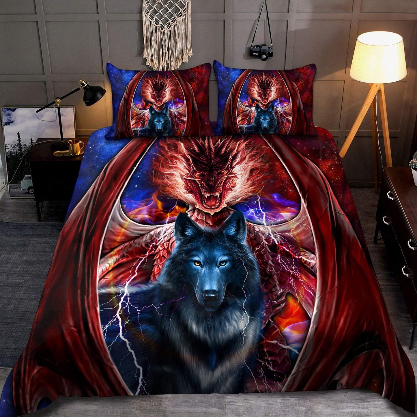 Wolf And Dragon Combat Bedding Cover For Fantasy Bedroom Decor