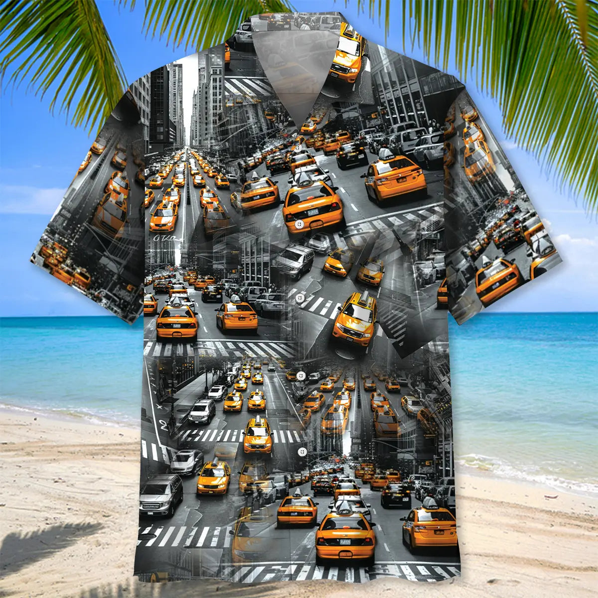 Yellow Taxi City Hawaiian Shirt For Seasonal Celebration, Vacation Cruise, And Beachside Style