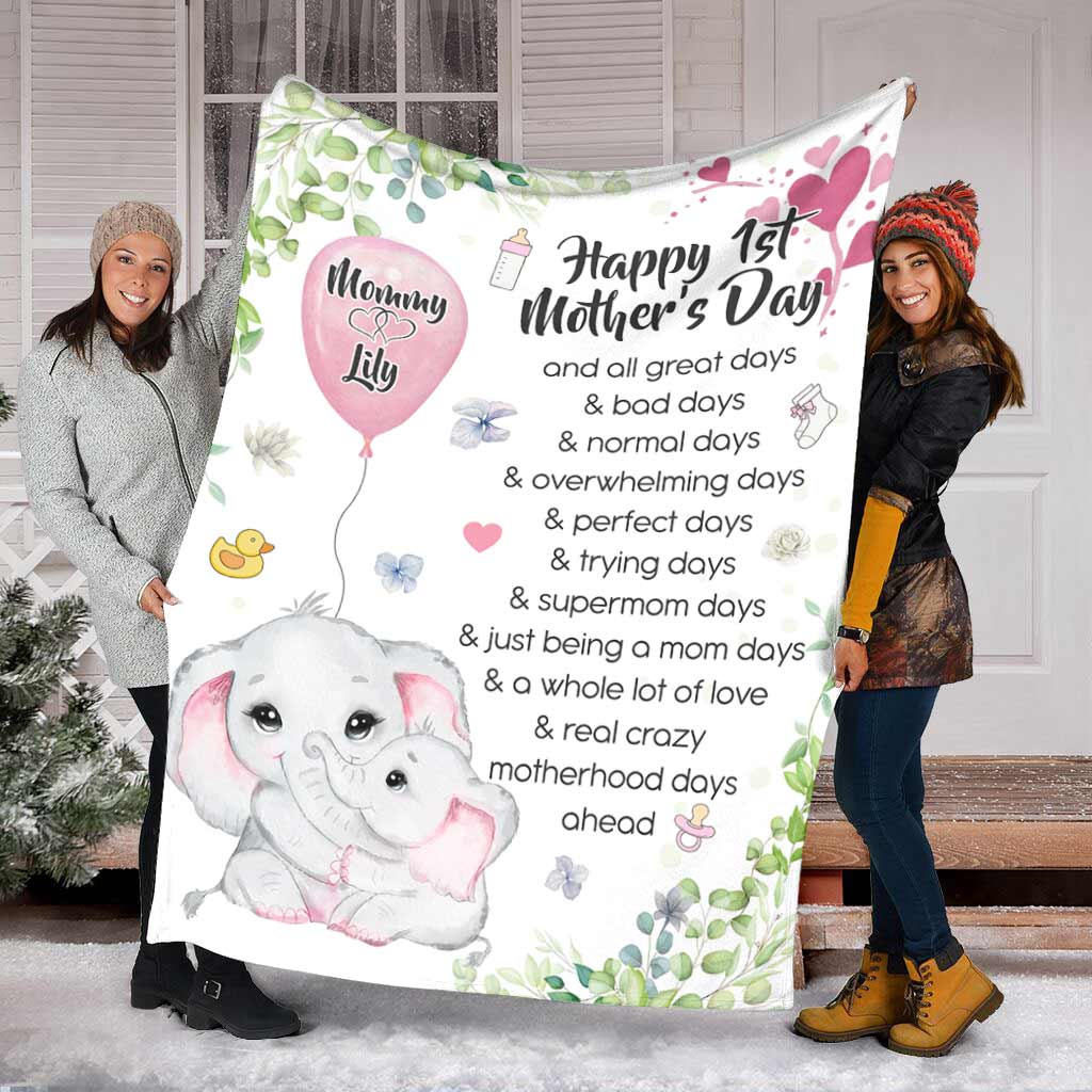 Elephant Happy 1ST Mothers Day And All The Days Ahead Personalized Flannel Blanket For Cozy Bedroom Sofa Decor