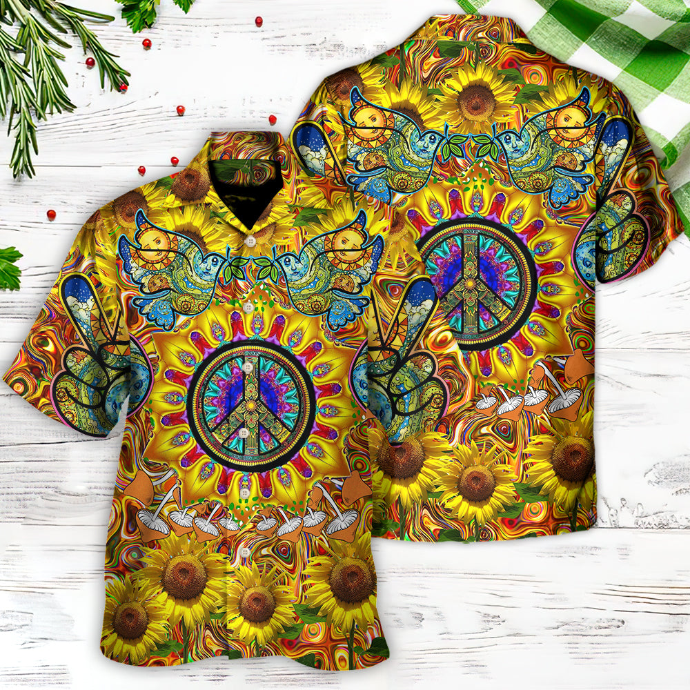 Sunflower Hippie Peace Hawaiian Shirt With Detailed Graphic For Summer Events Coastal Travel And Comfortable Styling
