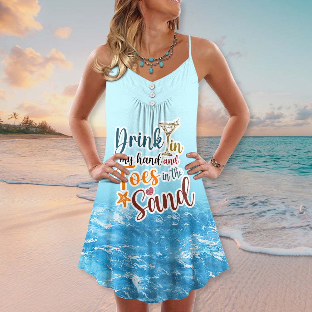 Beach Drink In My Hand And Toes In Sand V-Neck Sleeveless Cami Dress For Beach Festivals And Comfortable Summer Outfits
