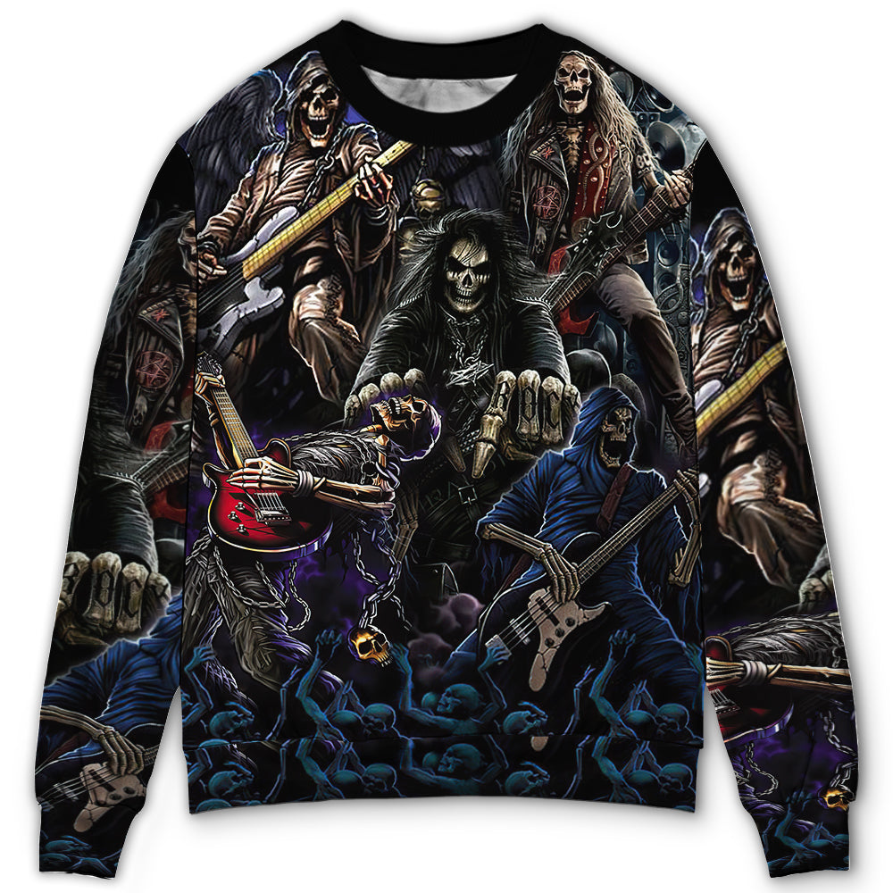 Dark Skull Guitar Sweater For Fantasy Fans Casual Outings And Weekend Adventures