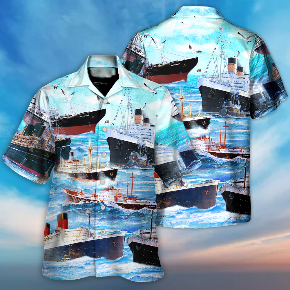Ocean Blue Cargo Ship Hawaiian Shirt For Vacation Getaways Resort Wear And Casual Celebrations