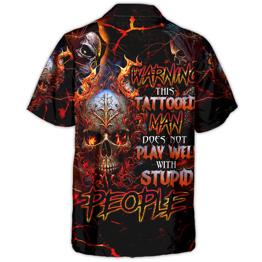 Skull Tattooed Hawaiian Shirt Print Closeup For Weekend Trips