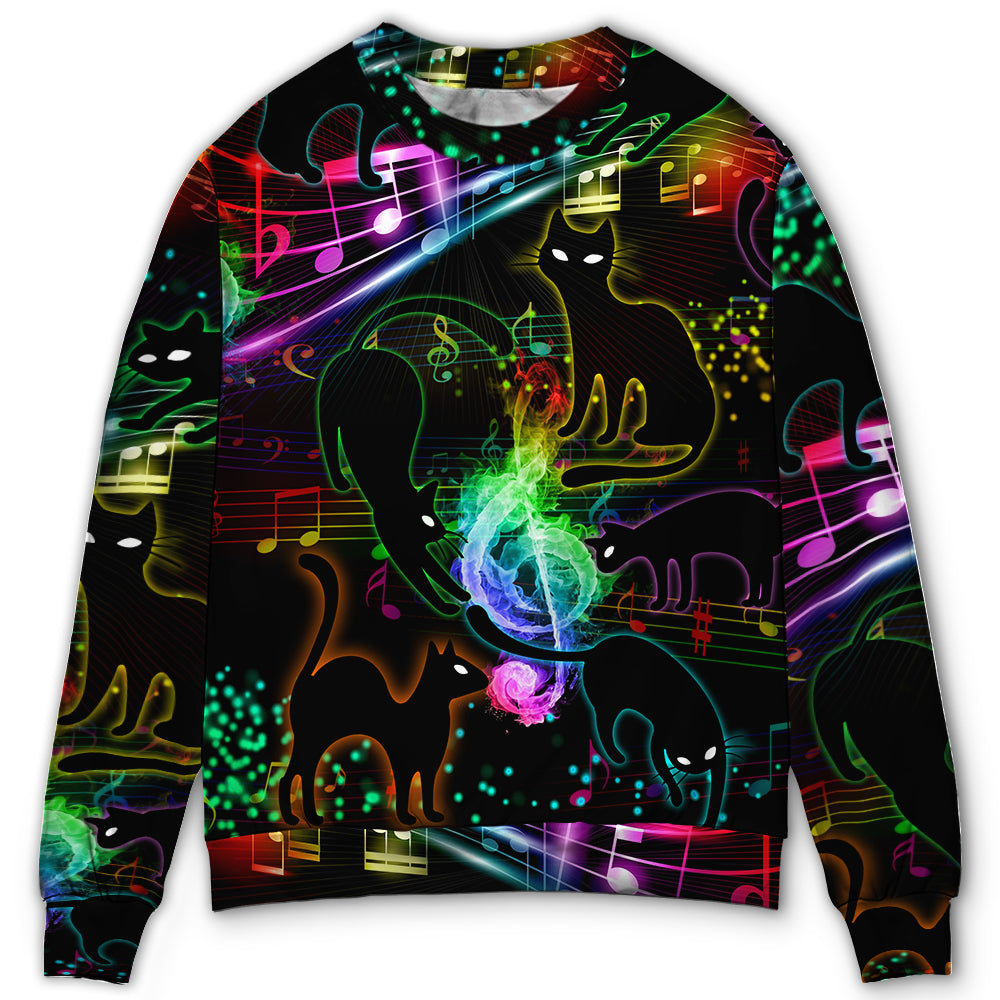 Black Cat Magical Light Music Notes Sweater For Holidays Parties And Comfortable Everyday Wear