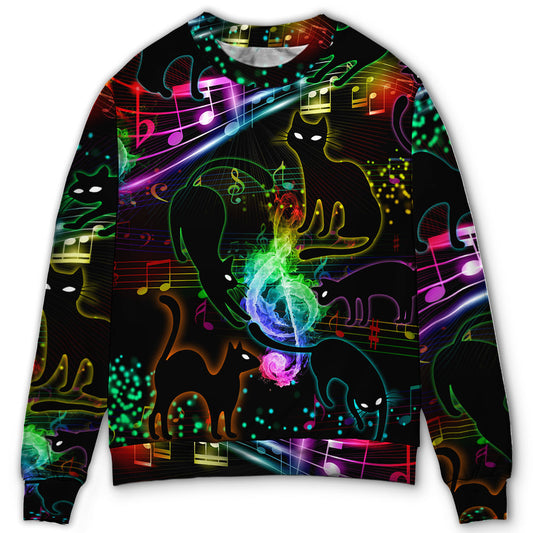 Black Cat Magical Light Music Notes Sweater For Holidays Parties And Comfortable Everyday Wear