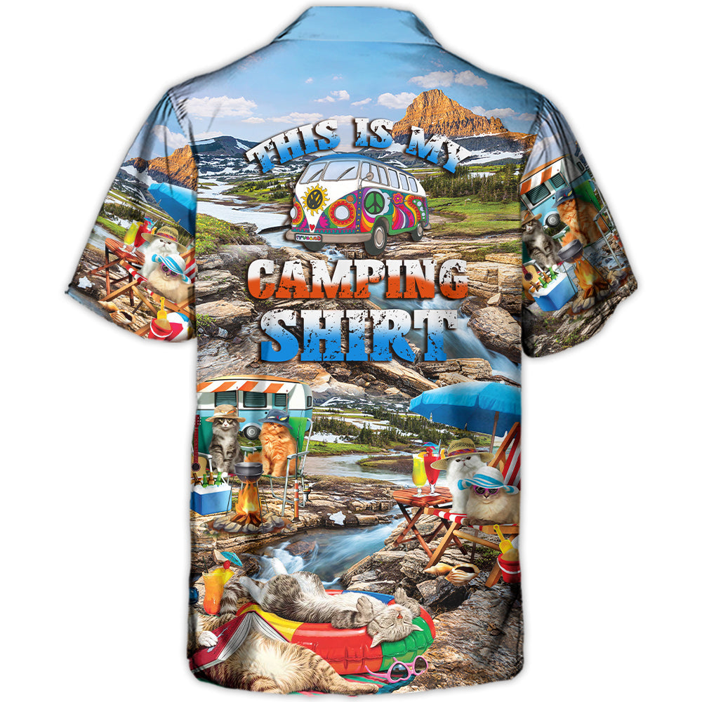 Funny Camping Cat Relaxed Hawaiian Shirt Tropical Styling View For Beach Days