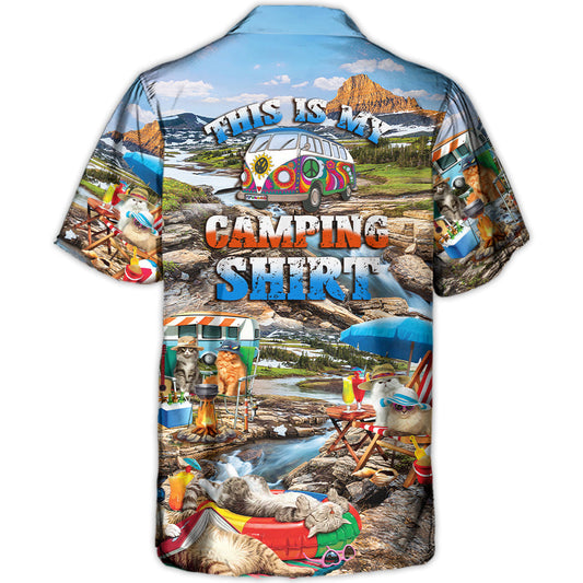 Funny Camping Cat Relaxed Hawaiian Shirt Tropical Styling View For Beach Days