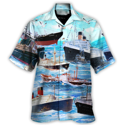 Ocean Blue Cargo Ship Hawaiian Shirt For Vacation Getaways Resort Wear And Casual Celebrations
