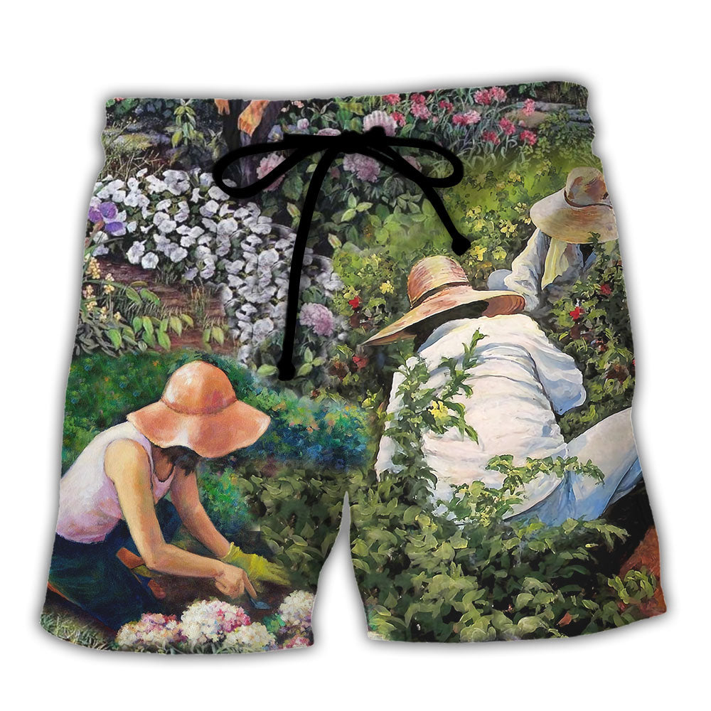 Botanical Vintage Gardening Beach Shorts For Holiday Cruises And Easy Warm Weather Wear