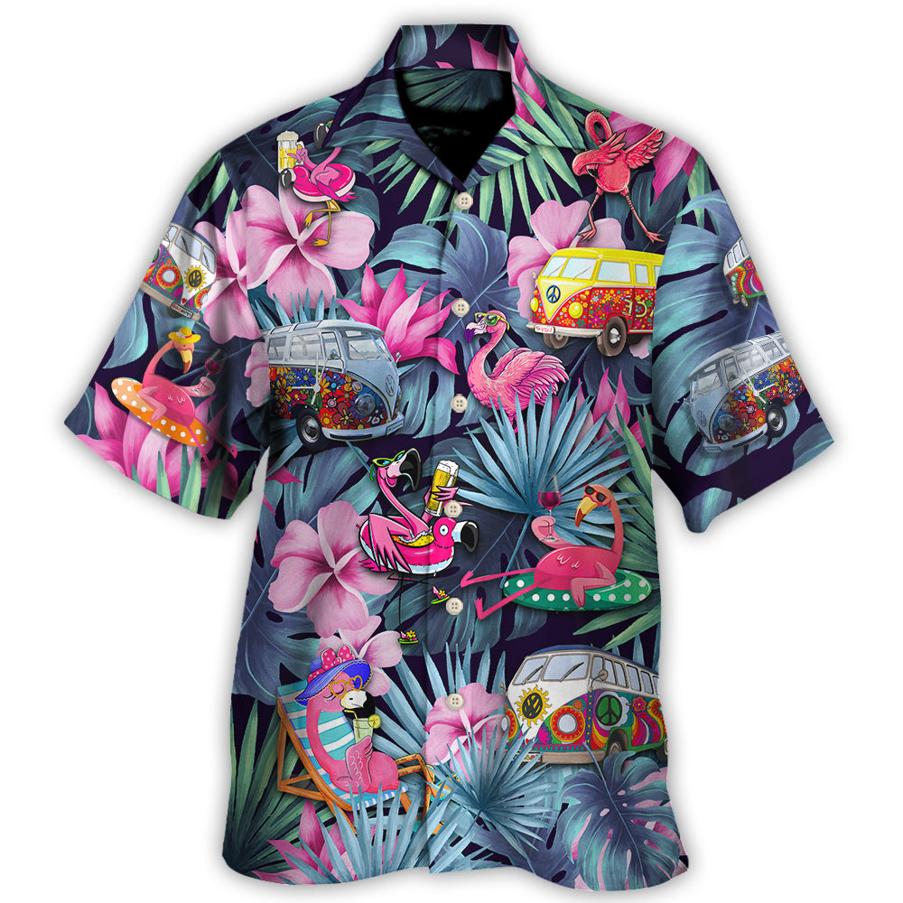 Funny Camping Flamingo Weekend Forecast Chance Hawaiian Shirt Print Closeup For Coastal Travel
