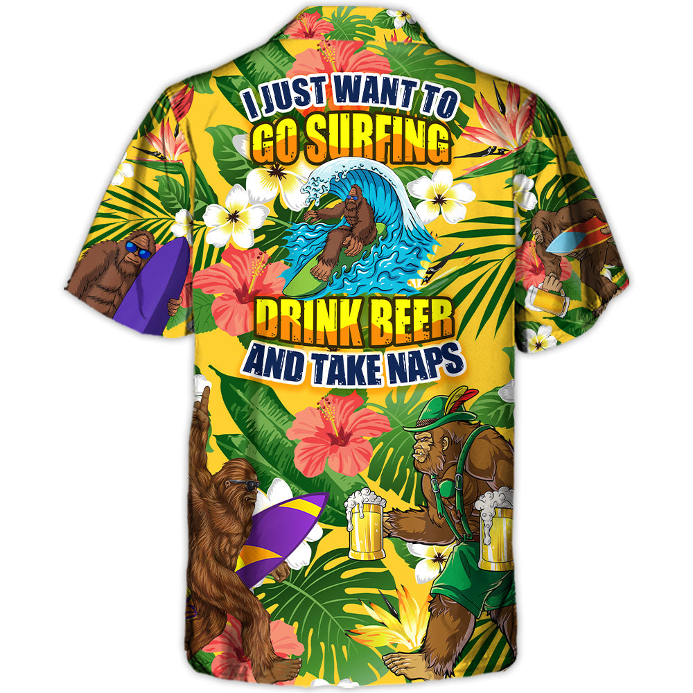 Funny Surfing Bigfoot Beer Hawaiian Shirt Design View For Tropical Vacations