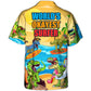 Funny Surfing Dinosaur Hawaiian Shirt Button Front Artwork For Summer Travel