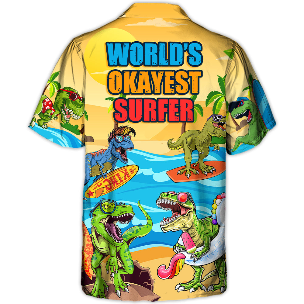 Funny Surfing Dinosaur Hawaiian Shirt Button Front Artwork For Summer Travel