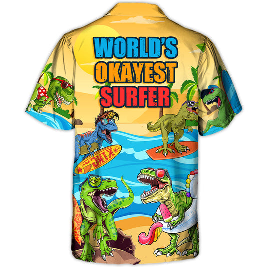 Funny Surfing Dinosaur Hawaiian Shirt Button Front Artwork For Summer Travel