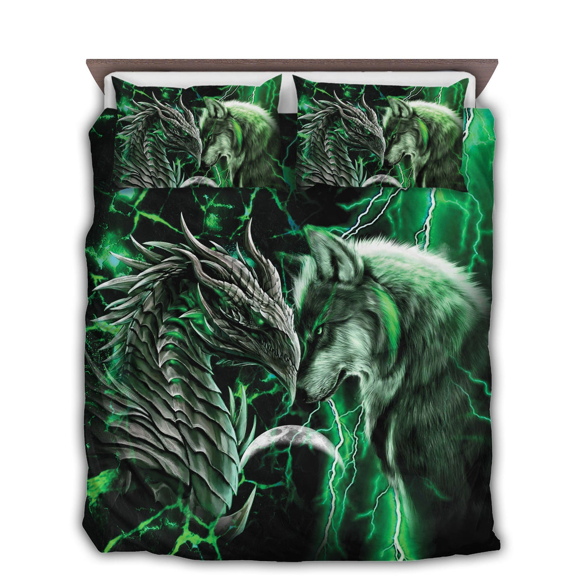 Green Dragon And Wolf Fantasy Bedding Cover For Fantasy Bedroom Decor