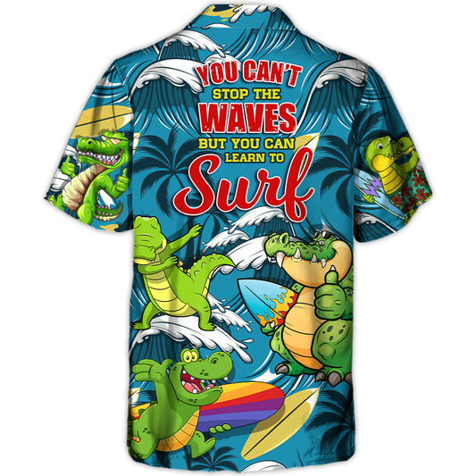 Funny Surfing Crocodile Surf Hawaiian Shirt Tropical Styling View For Beach Days