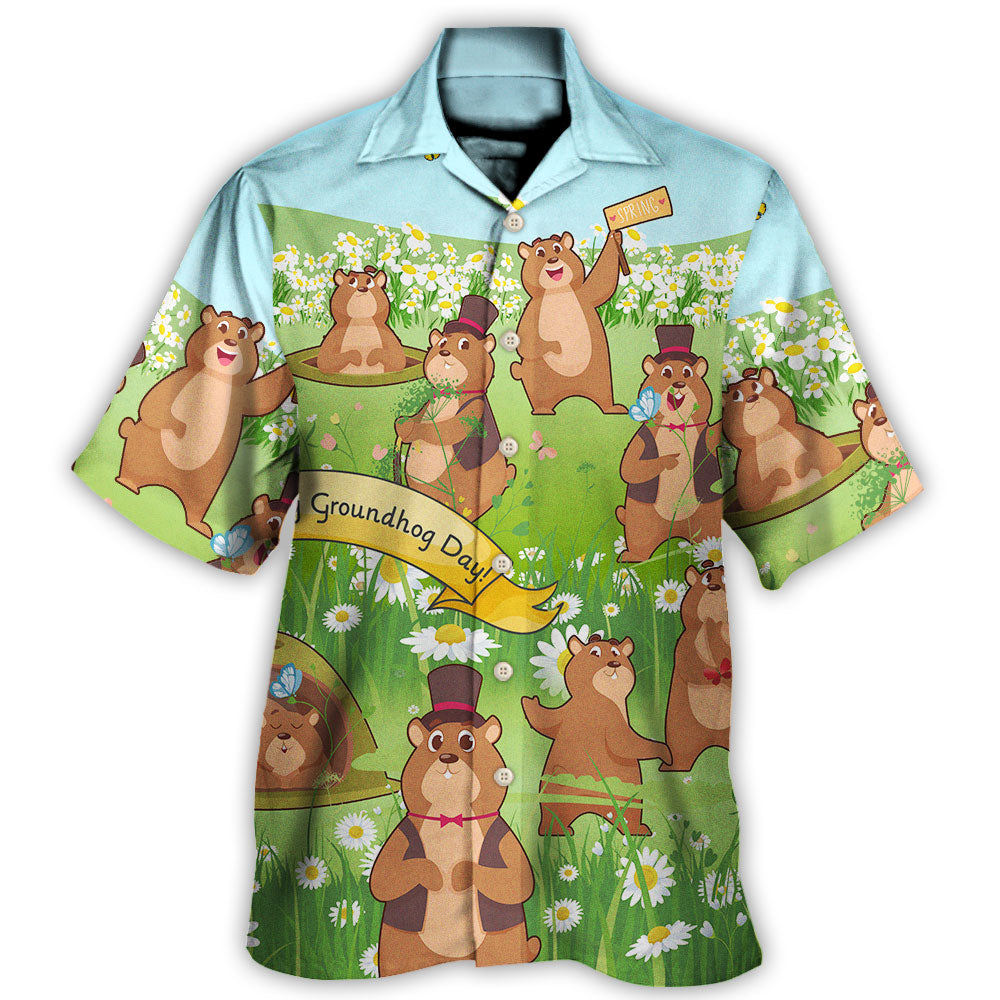 Floral Groundhog Grass Hawaiian Shirt Collar And Front View For Warm Weather Events