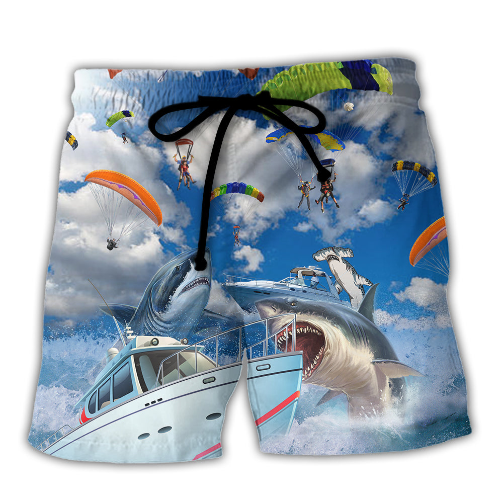 Parasailing Let's Fly Away Shark Theme Beach Shorts For Beach Days And Coastal Travel