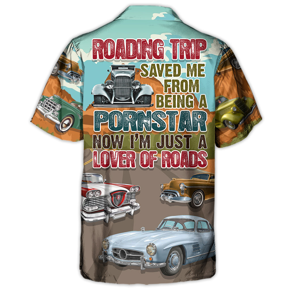 Classic Vintage Car Road Tripping Highway Hawaiian Shirt Pattern Detail For Vacation Travel And Daily Wear