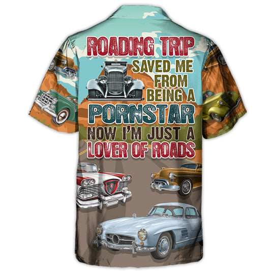 Classic Vintage Car Road Tripping Highway Hawaiian Shirt Pattern Detail For Vacation Travel And Daily Wear